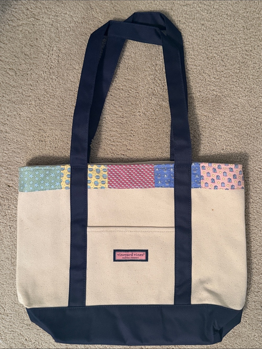 Vineyard Vines Cream Canvas Tote with Navy Straps and Multicolor Patch Trim